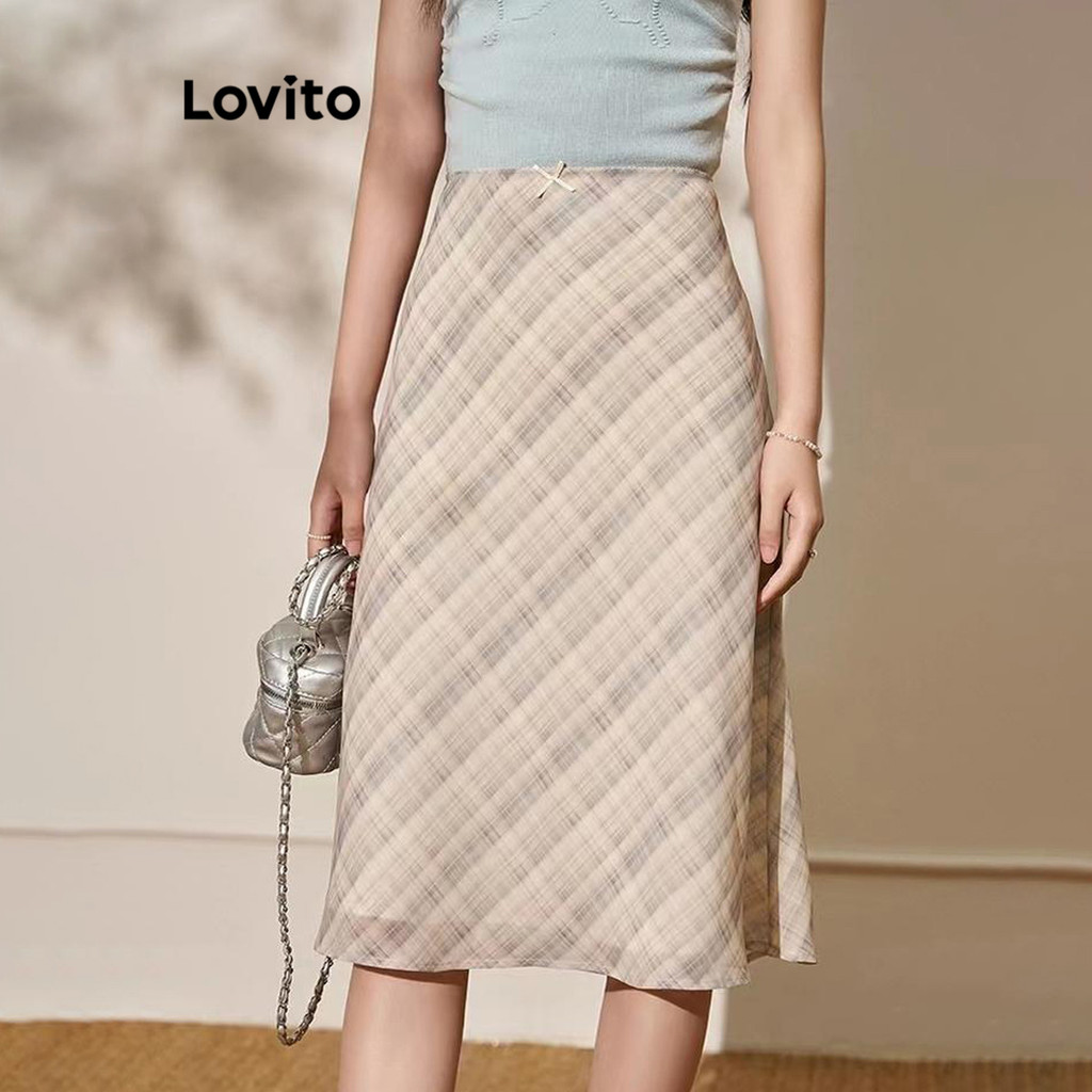 Lovito กระโปรงผู้หญิง เย็นและใส่สบาย ลายตาราง สไตล์ลำลอง LNA61268