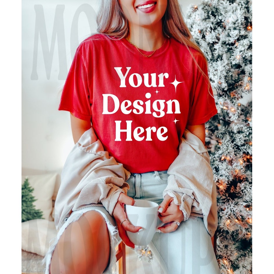 Comfort Colors 1717 Red Shirt - Model Mockup- Red Shirt Mockup - T Shirt Mockup - Christmas Mockup ห