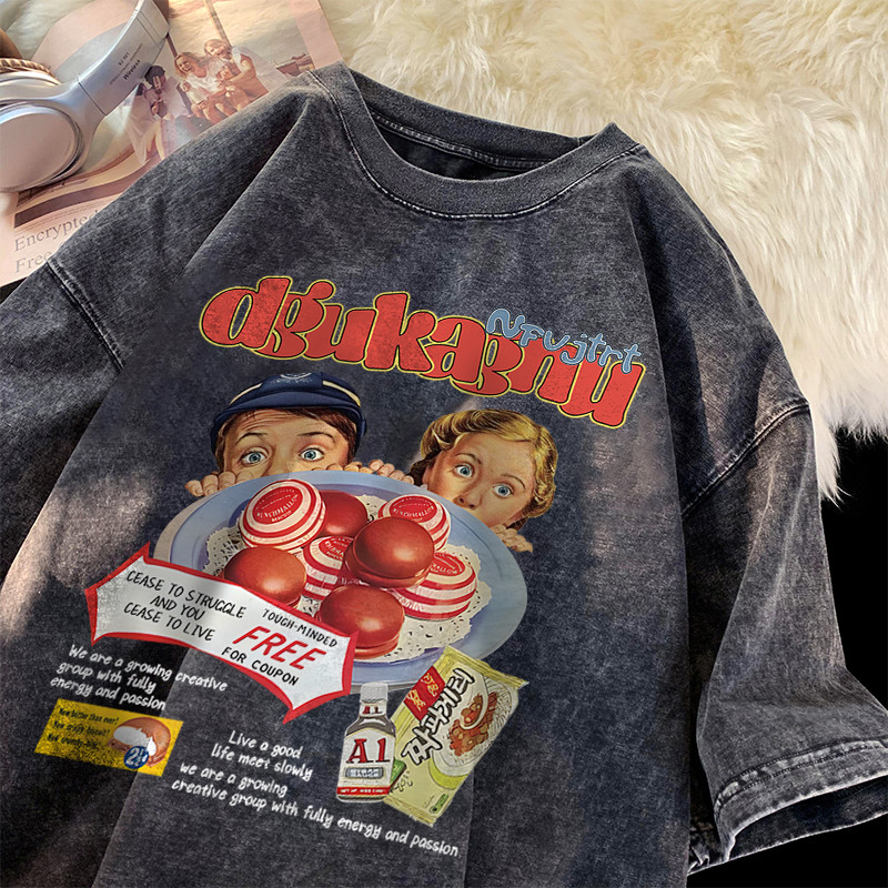 ผ้าคอตตอน100% Qkoole เสื้อยืดฟอก oversize เสื้อยืดวินเทจ สไตส์อเมริกา I000775