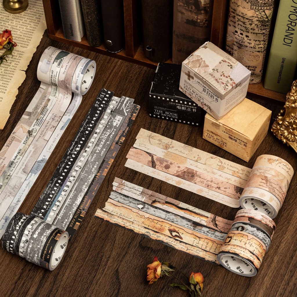 Vintage Washi เทปชุด 4 ม้วนกว้างตกแต่งโบราณ Filmstrip-สไตล์กระดาษกาวสําหรับศิลปะ DIY งานฝีมือวารสารวางแผนสมุดภาพห่อ