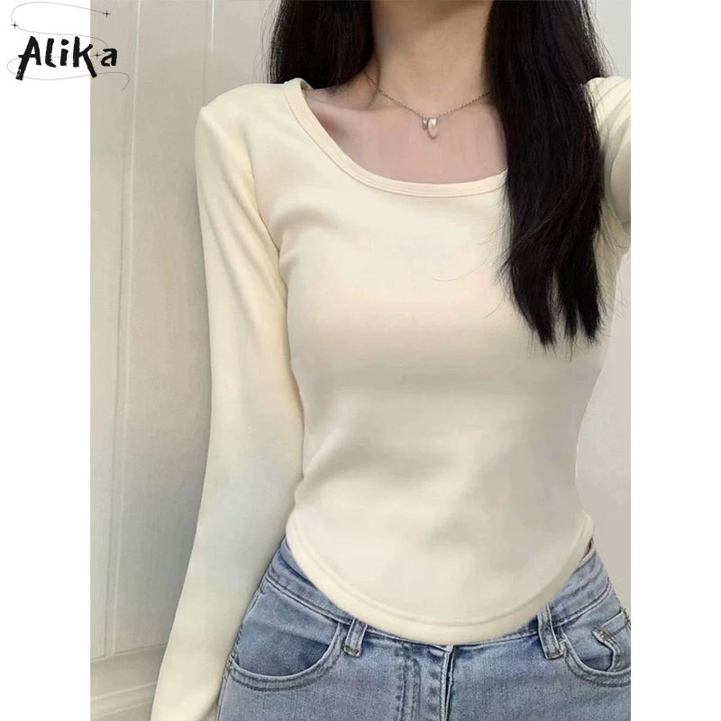 ALIKA เสื้อยืดแขนยาวผู้หญิง แฟชั่นใหม่เวอร์ชั่นเกาหลีของอเนกประสงค์กํามะหยี่หนาบางด้านในด้านบน