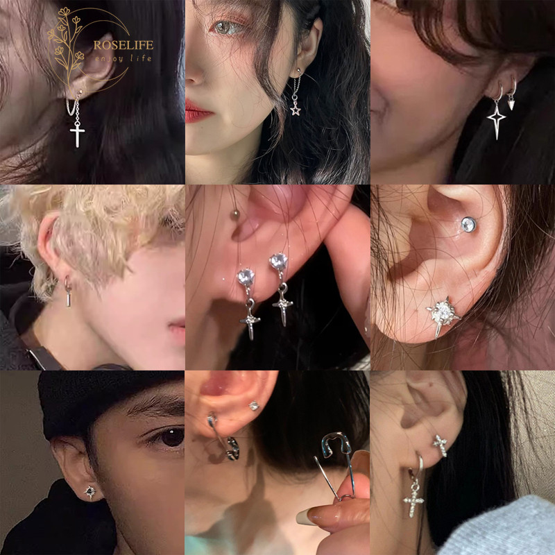 Roselife Street แฟชั่น Silver Cross พู่โซ่ Dangle ต่างหูสําหรับผู้หญิงผู้ชาย Cross Pierced ต่างหูสตั๊ด 1 คู่