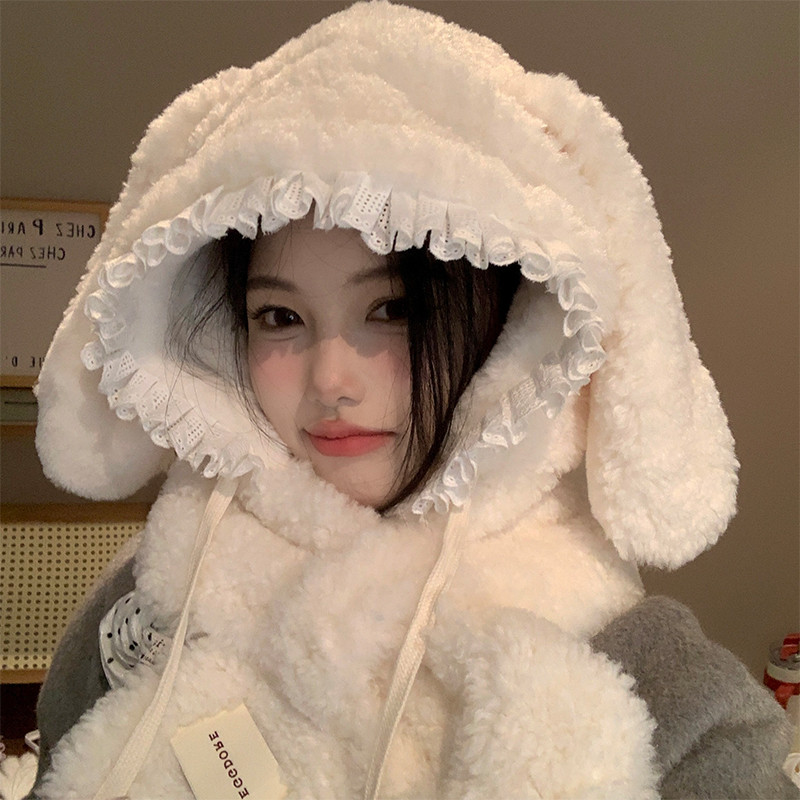 น่ารักตุ๊กตากระต่ายหูหมวกผ้าพันคอหนึ่งหญิง2024ฤดูใบไม้ร่วงฤดูหนาวหนาป้องกันหูที่อบอุ่นเสื้อสวมหัวหมวก ราคา ถูกที่สุด ดีลบีเคเค