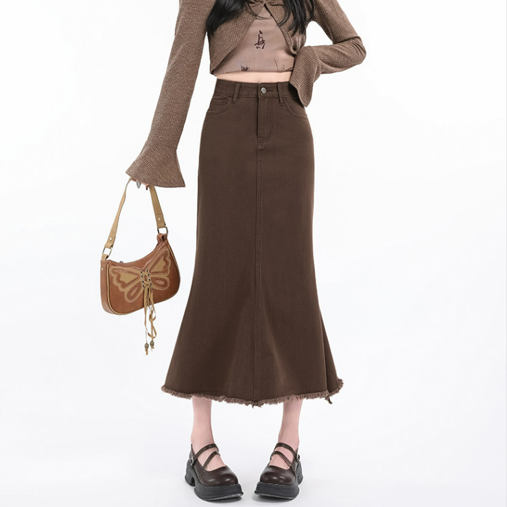 Floerns S-5XL กระโปรงยีนส์ทรงปลา เบสิก สีพื้น สไตล์ลำลอง