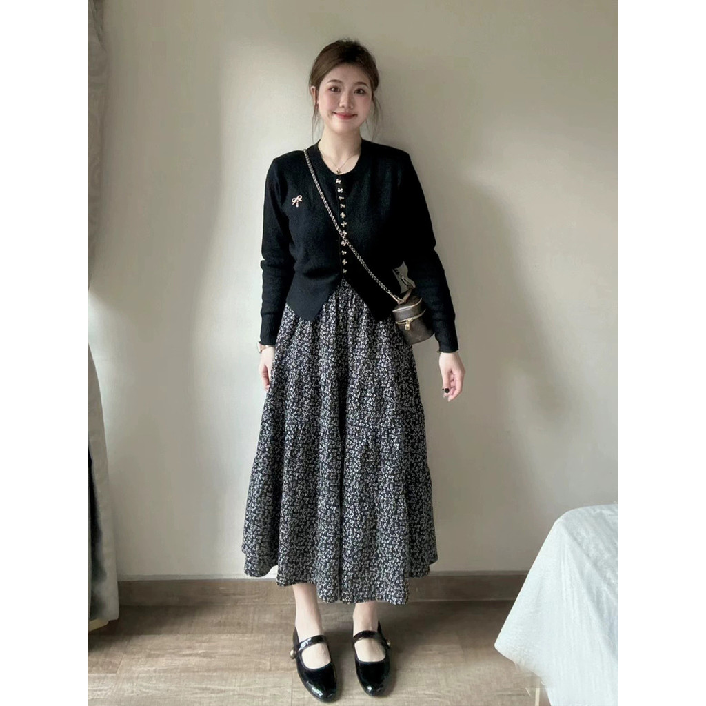 【Bess's house-bigsize】คาดิแกนไหมพรม+กระโปรงยาว，ชุดฤดูใบไม้ร่วงกับชุดขนาดบวกสาวอวบสลิมฟิตสลิมมิ่งชุดดอกไม้หนุ่มอ่อนเยาว์ชุดสองชิ้นผู้หญิง，ชุด set ผู้หญิง，เสื้อเซต，ชุดผู้หญิง