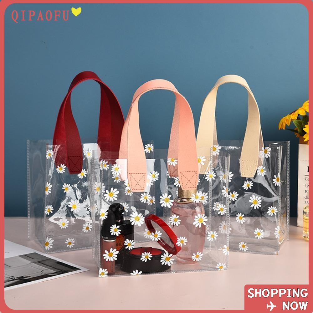 Qipaofu กระเป๋าโท้ต PVC โปร่งใส, กระเป๋าช้อปปิ้งกันน้ําความจุขนาดใหญ่, ถุงของขวัญ Little Daisy