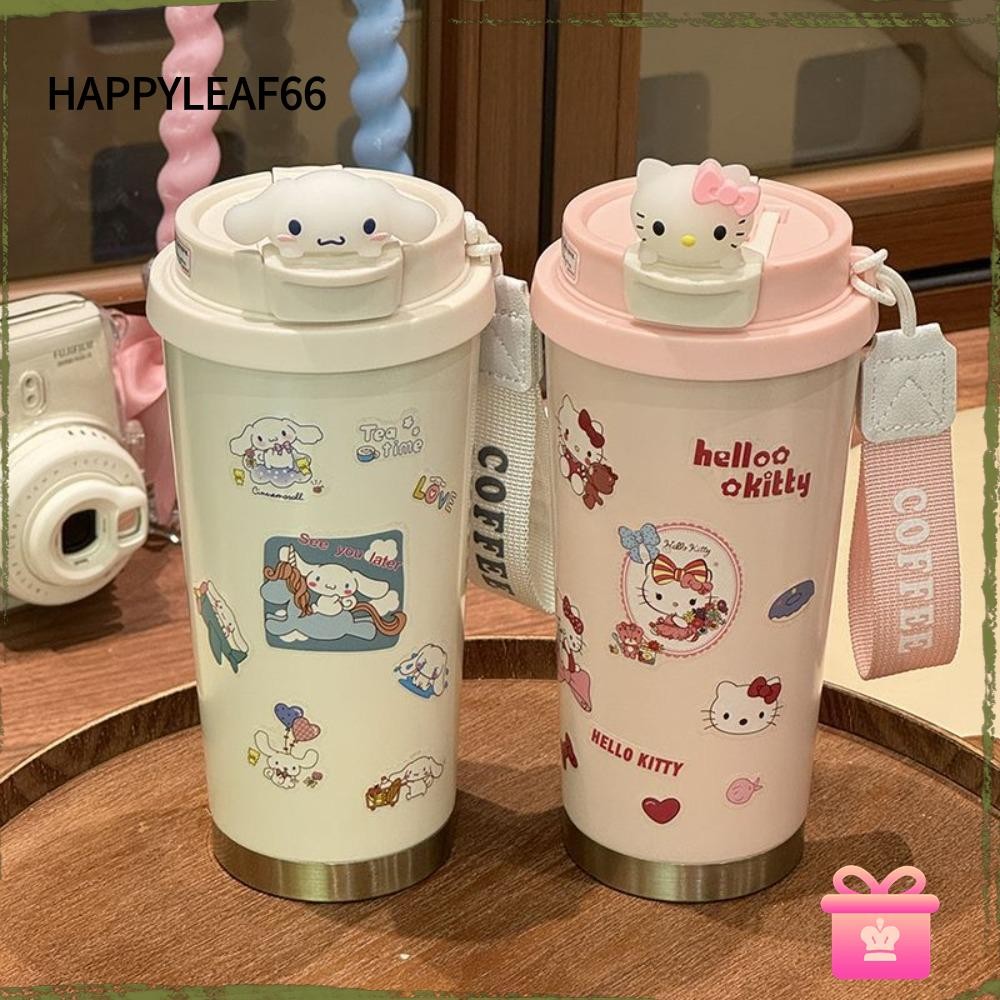 Happyleaf66 Hello Kitty ถ้วยกาแฟ, ถ้วยน้ํา Double-layer การ์ตูนความร้อนถ้วย, ป้องกันการรั่วซึมแบบพกพาความจุสูง Reausable ถ้วยฟางเดินทาง