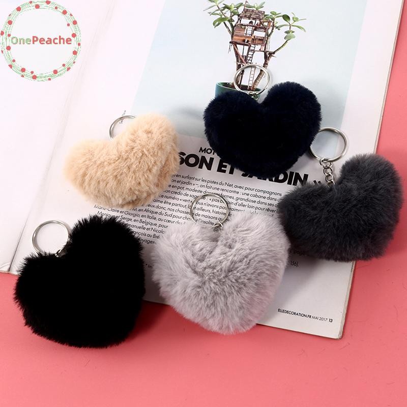 OnePeache 8 ซม.Fluffy pom พวงกุญแจผู้หญิงรูปหัวใจ Pompon กระต่ายปลอม Key Chain Ball กระเป๋ารถอุปกรณ์