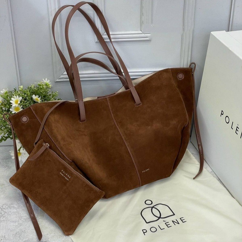 POLENE ใหม่ Tote Bag, French Niche Suede Wing Bag, กระเป๋าสะพายความจุขนาดใหญ่กระเป๋าถือ