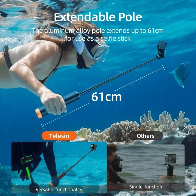 TELESIN ไม้เซลฟี่ลอยน้ําพร้อมขาตั้งกล้องสําหรับ Insta360 X5 /Ace Pro 2/DJI Action 5 Pro/Gopro 13