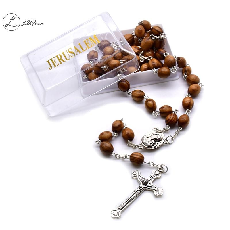 Luimo Retro Pine Rosary ลูกปัดสร้อยคอผู้หญิง Cross Jesus จี้ศาสนาเครื่องประดับเครื่องประดับอุปกรณ์เสริมของขวัญใหม่