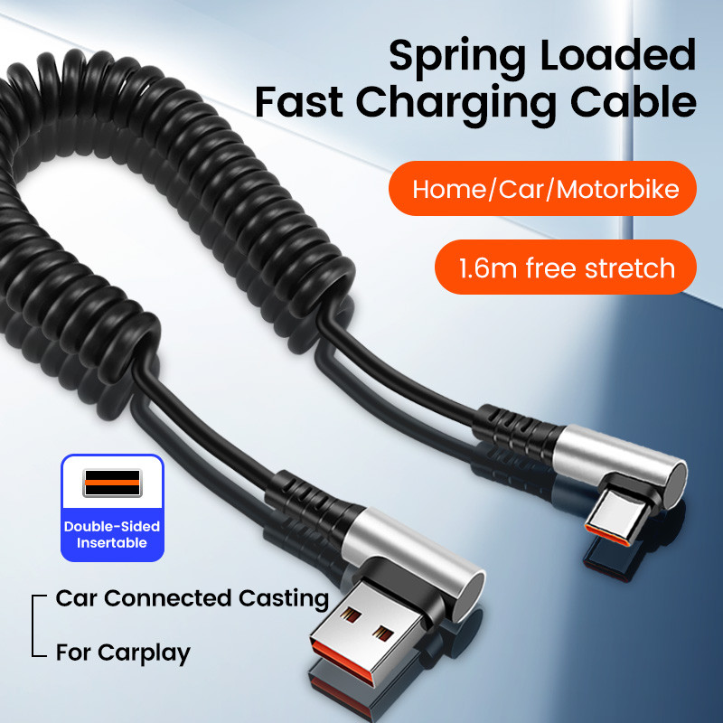 Elough 90 องศาข้อศอก 6A USB/Type C ฤดูใบไม้ผลิสายชาร์จประเภท C ถึง Type C ชาร์จเร็วสายเคเบิลข้อมูลรถยนต์สายไฟ 1.6M