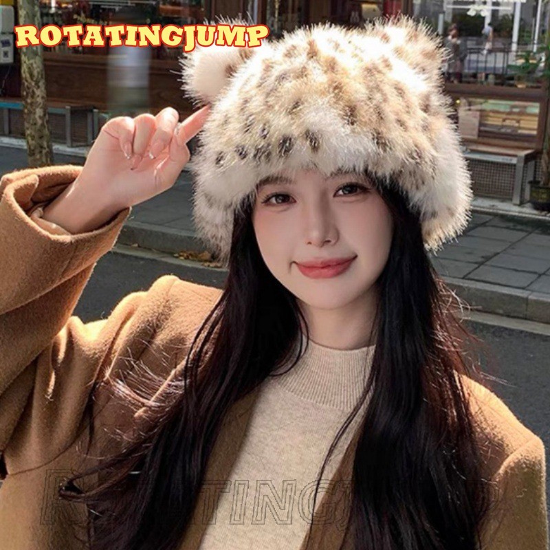 หมวกหูหมีพิมพ์ลายเสือดาว-อเนกประสงค์,แสดงใบหน้าขนาดเล็ก-สําหรับฤดูใบไม้ร่วงฤดูหนาวเก็บอุปกรณ์เสริมที่อบอุ่น-น่ารัก,การ์ตูน-กันลม,เลียนแบบ ลิ้งซ์ ขน-ตุ๊กตาป้องกันหูหม