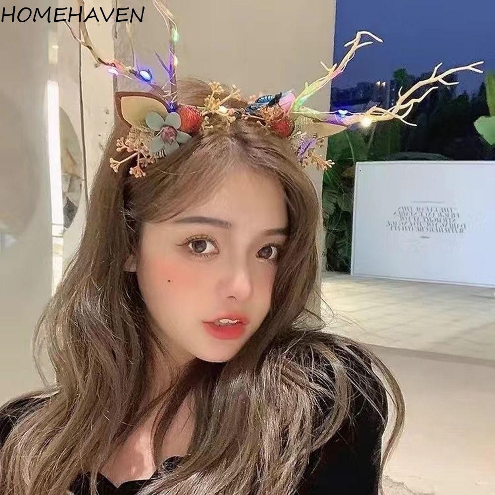 Homehaven ที่คาดผมเขากวางคริสต์มาสน่ารักหรูหราไฟ LED ขนาดใหญ่ผีเสื้อดอกไม้กวางฮอร์นการถ่ายภาพตกแต่งสไตล์เกาหลี Hairbands