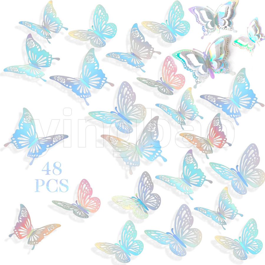 48ชิ้น3ขนาดเลเซอร์ผีเสื้อตกแต่งผนังที่ถอดออกได้ผีเสื้อสําหรับเค้กคัพเค้ก ที บน,3ง กระดาษผีเสื้อสติกเกอร์ตกแต่งสําหรับวันเกิดเด็กอาบน้ําสาวห้องเนอสเซอรี่ ง เอแคลส์