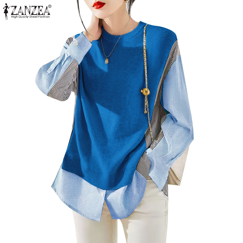 Zanzea เสื้อยืดแขนยาวลายลําลองสไตล์เกาหลีสําหรับผู้หญิง