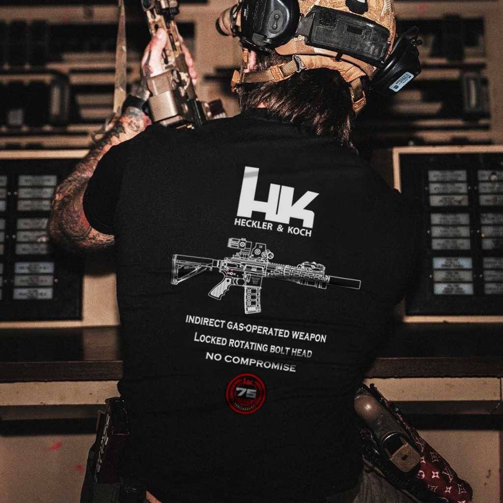 ใหม่ Heckler & Koch HK416 ครบรอบ 75 ปีทหารพัดลมยุทธวิธีกรีฑากลางแจ้ง 100% ผ้าฝ้ายคุณภาพสูงแขนสั้นเสื้อยืด 1120