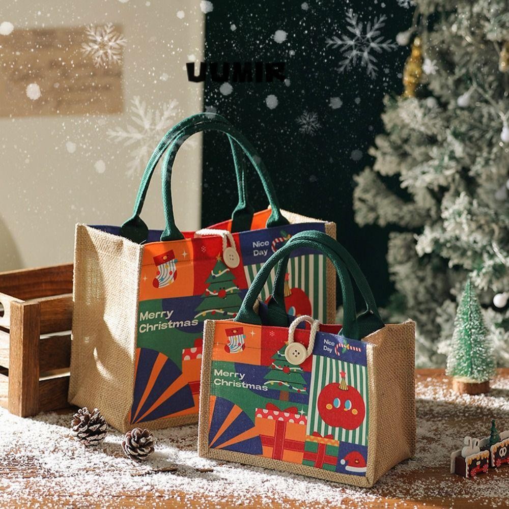 Uumir Christmas Tote Bag, Santa Claus Snowman พิมพ์กระเป๋าถือความจุขนาดใหญ่, 2024 ผ้าลินินพร้อมหัวเข็มขัดกระเป๋าช้อปปิ้งแบบใช้ซ้ําได้ Xmas ของขวัญ