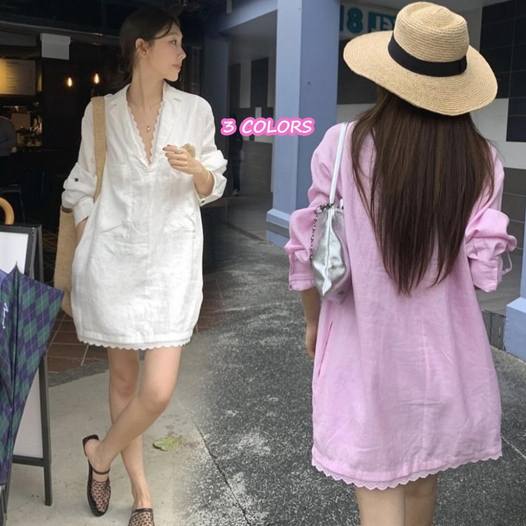 mimi&didi#เสื้อเชิ้ตชุดเดรสแขนยาวที่หรูหราและเป็นคอวีขนาดใหญ่ประดับด้วยลูกไม้ผู้หญิง ยาวปานกลาง แฟชั่นสไตล์ฝรั่งเศส#W520
