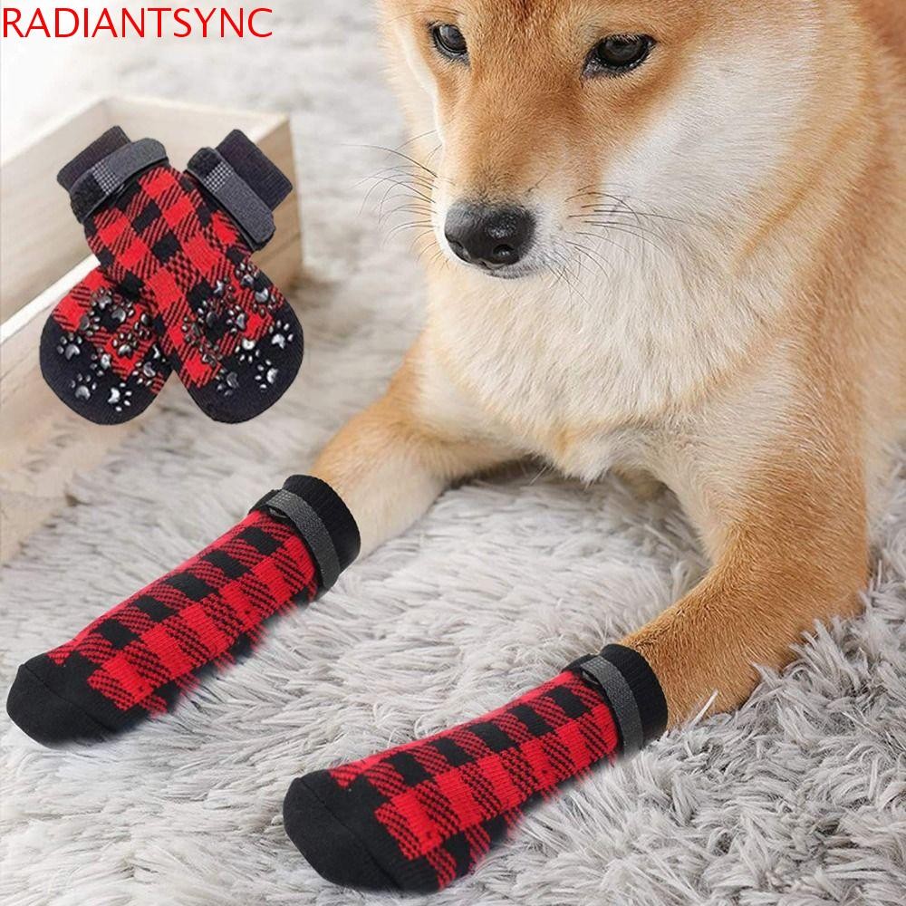 Radiantsync 4 ชิ้น/เซ็ตถุงเท้าสุนัขกันลื่น,Breathable ปรับกันน้ําสุนัขถุงเท้ากันลื่น,ผ้าฝ้ายนุ่มลายอุ้งเท้าสัตว์เลี้ยงกลางแจ้ง