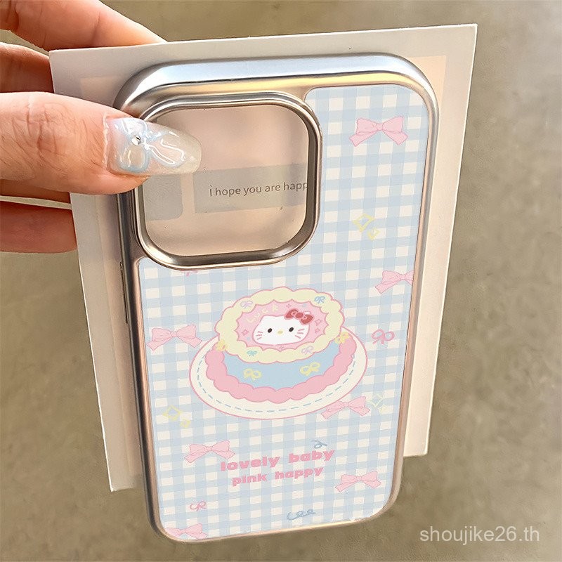 เปลือกคริสตัลชุบสีฟ้าลายสก๊อต Hello Kitty Cake เคสโทรศัพท์มือถือสำหรับ Apple 15/14/13PROMAX 12/ HPCE