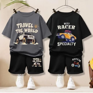 ชุดเด็กผู้ชาย 2025 เสื้อผ้าฤดูร้อนใหม่ ชุดเสื้อยืดแขนสั้น สไตล์ฤดูร้อนสำหรับเด็ก