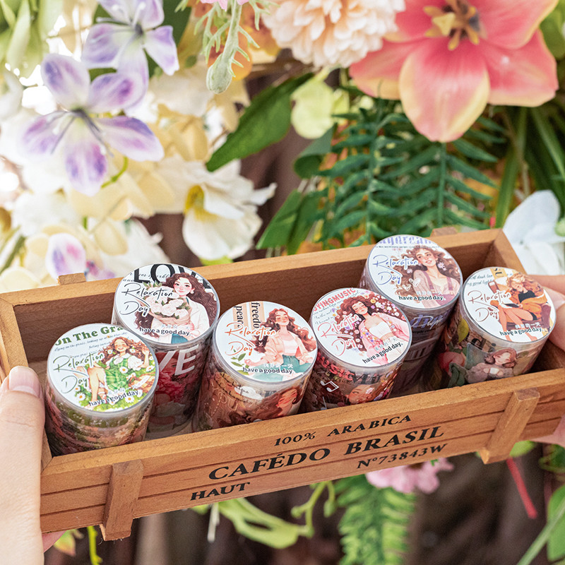 Wei 60m*2m 1 ม้วน [Relaxation Day Series] Character Collage Ledger Masking Tape PET Washi Tape Scrap