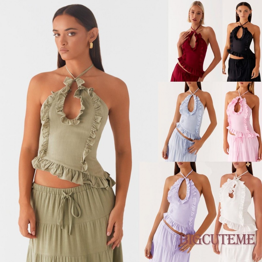 []-เสื้อกล้ามผู้หญิง Halter Top Tie-up แขนกุดเปลือย Hollowed Ruffled Summer Tank Tops