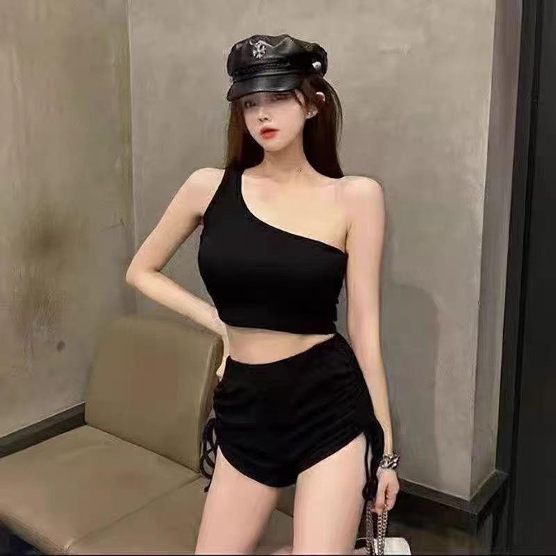 CY.กางเกงขาสั้น รูดข้าง หาเรย่อน แบบเกาหลี สำหรับฟิตเนส ใส่นอน ใส่อยู่บ้าน Women  Lady Clothing Girl สีดำ