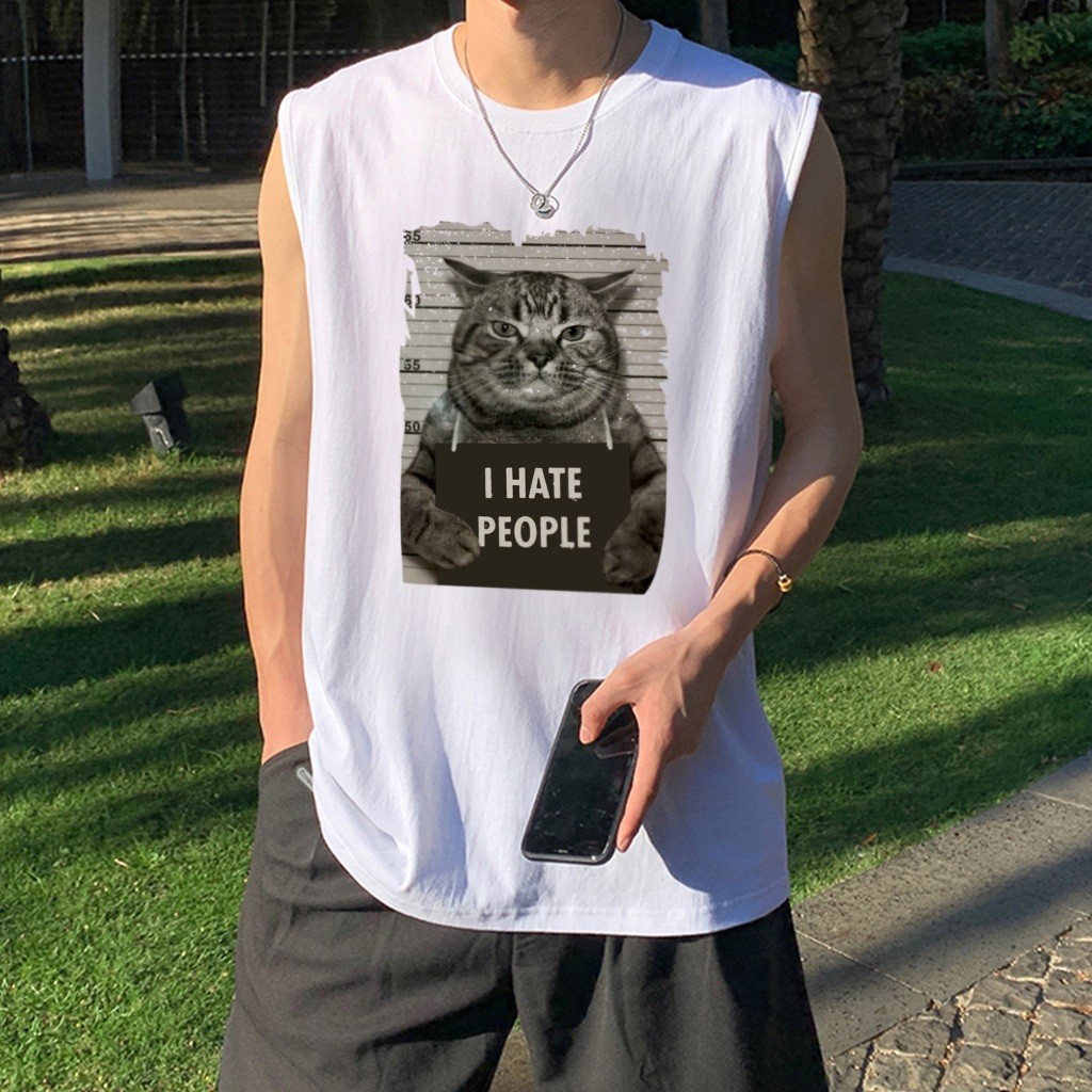 Y-T💫เสื้อแขนกุดผู้ชาย พิมพ์“I HATE PEOPLE” ผ้าฝ้าย100% เสื้อแขนกุดวินเทจ สวมใส่สบาย สตรีทสไตล์ S-3XL