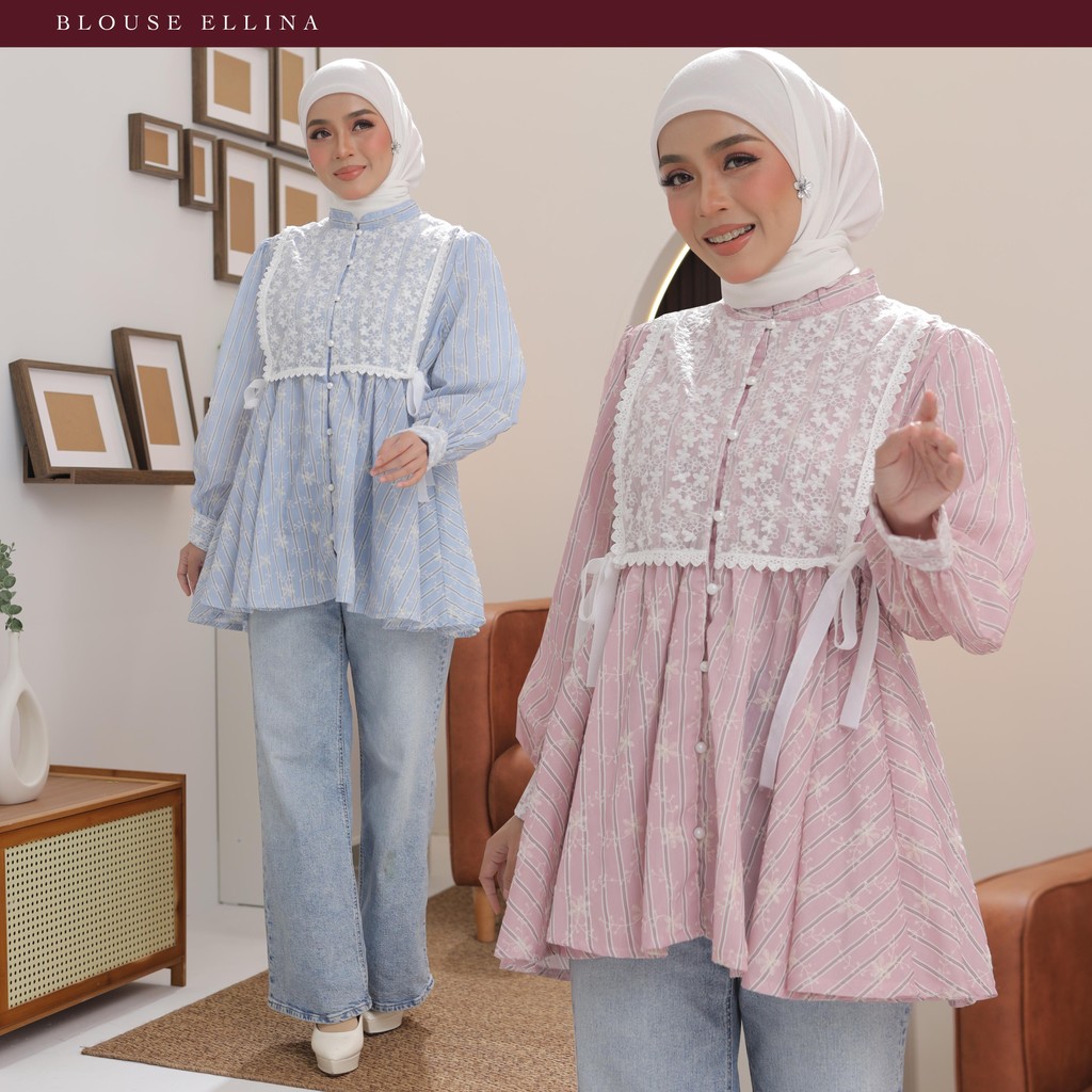 BLOUSE ELLINA น่ารักสไตล์ Coquette เสื้อผู้หญิงมุสลิม Kembang ปุ่ม Laces เสื้อผ้าเสื้อ Kepok