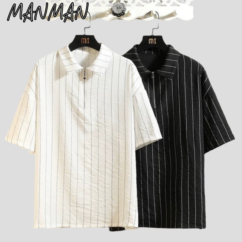 M＆M เสื้อโปโลลายทาง แขนสั้นผู้ชาย การออกแบบซิปครึ่ง แนววินเทจสไตล์ญี่ปุ่น เรียบง่ายแมทช์ง่าย