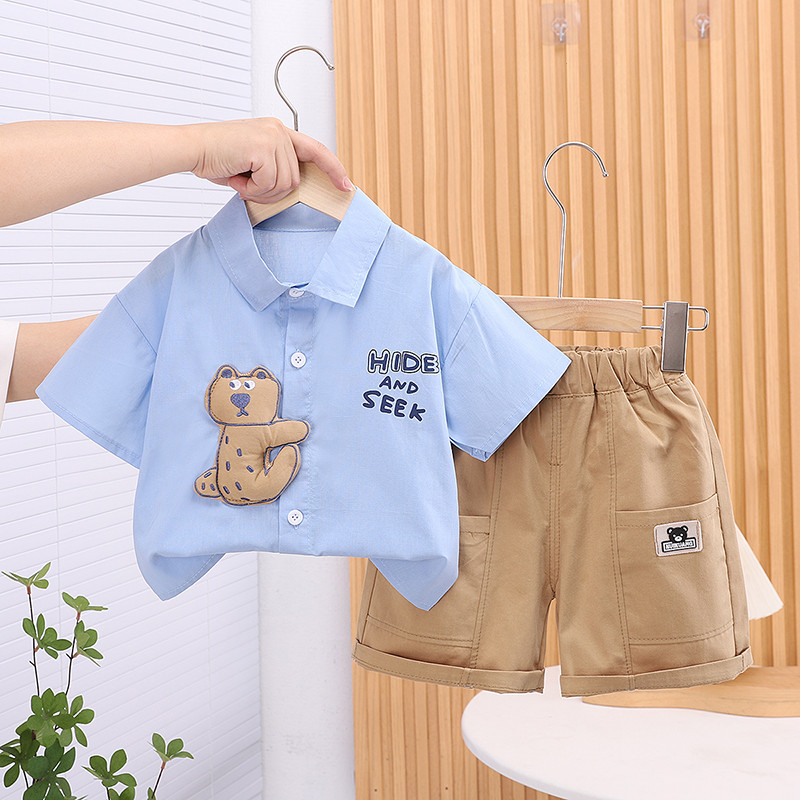 ฤดูร้อนเด็กทารกเสื้อผ้าเสื้อสั้นกางเกง2ชิ้น/เซ็ตสไตล์สุภาพบุรุษเด็กน่ารัก3งหมีปกทารกชุดลําลองเด็กวอร์ม