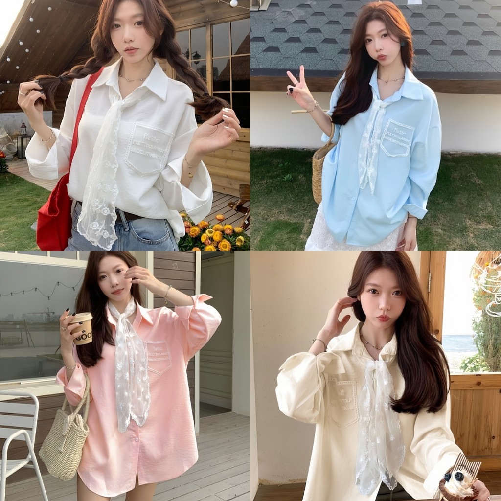 Suysuy พร้อมส่ง เสื้อเชิ้ต แขนยาว สไตล์เกาหลี ผ้าคอตตอนบางๆ กระเป๋าหน้าดีไซน์แต่งปักตัวอักษร มีผ้าผูกคอลายลูกไม้