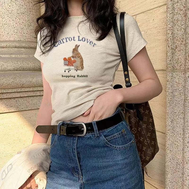 เสื้อยืดผ้าฝ้ายพิมพ์ลายไหล่สตรีฤดูร้อน แขนสั้น คอกลม ทรงสลิมฟิต - รูปที่ 3