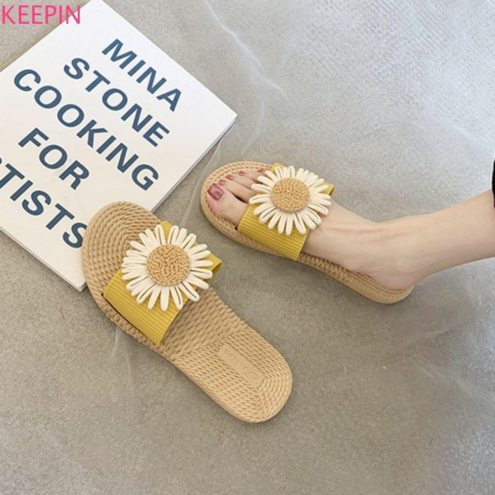 KEEPIN ดอกไม้รองเท้าแตะ, PVC Anti Slip Flips Flops, All Match Sweet Beachwear รองเท้า Bohemian สไตล์รองเท้าแตะสําหรับผู้หญิงฤดูร้อน