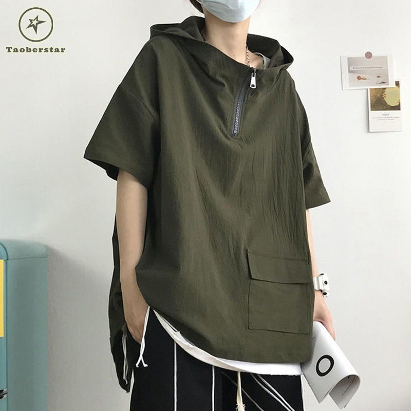 เทาเบอร์สตาร์ เสื้อยืดแขนสั้นผู้ชายแฟชั่นย้อนยุคสีทึบเรียบง่ายหล่ออินเทรนด์หลวมสบายๆคลุมด้วยผ้าแขนสั้นเสื้อยืด
