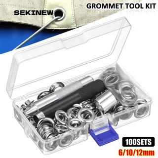 SEKINEW 100 ชุด Grommets ตาไก่, 6/10/12 มม.พร้อมเครื่องมือติดตั้ง Grommet ชุดเครื่องมือ, เงินรองเท้าหนังหัตถกรรม DIY สําหรับผ้าม่านเสื้อผ้า Grommet การตั้งค่าเครื่องมือ