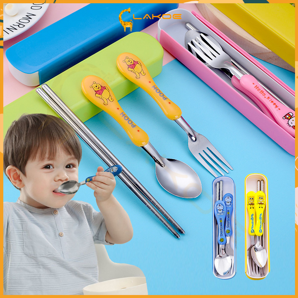 LAKOE ช้อนส้อมเด็ก ช้อนเด็ก ส้อมโต๊ะอาหารสำหรับเด็กการ์ตูน -ช้อนชูน 304 สแตนเลสสตีลทนทานและทำความสะอาดง่าย ชุดช้อน