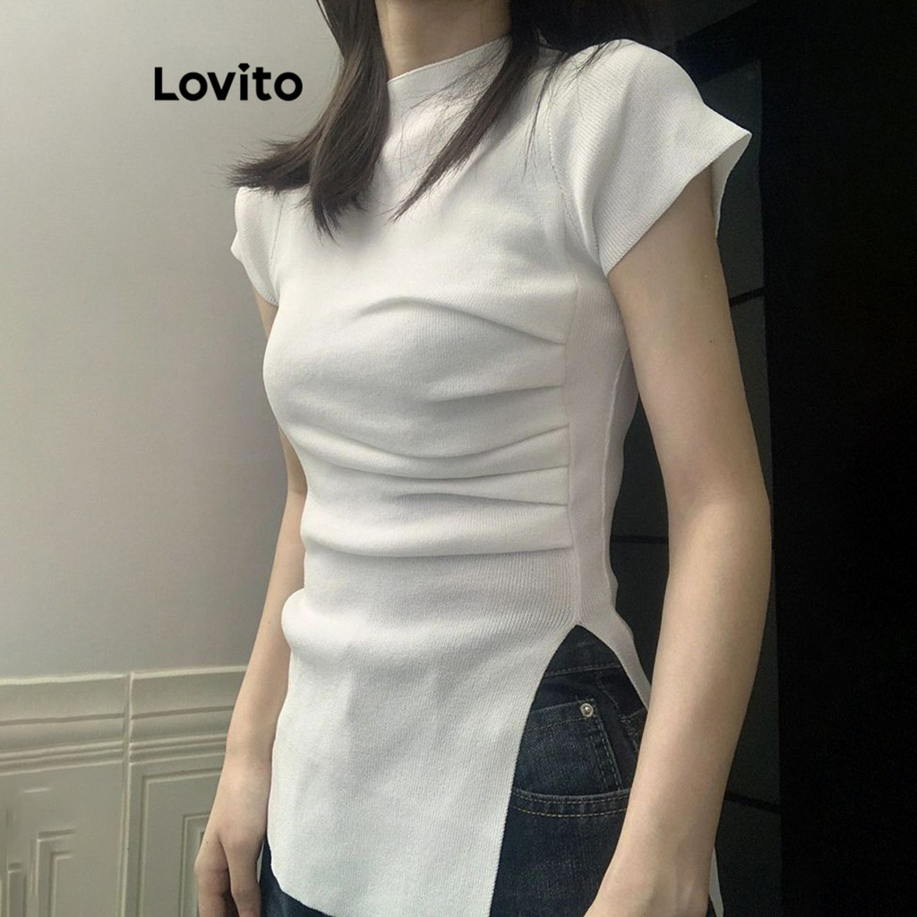 Lovito เสื้อถักผู้หญิง แขนสั้น สีพื้น สไตล์ลลำลอง LNA27363 (สีขาว)