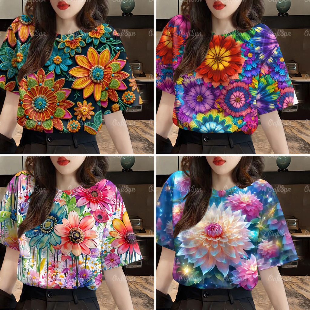 เสื้อยืดลายดอกไม้สามมิติสีสันสดใสสําหรับผู้หญิง,สตรีทแขนสั้นคอกลมแฟชั่น,เสื้อผ้าผู้หญิงไซส์ใหญ่