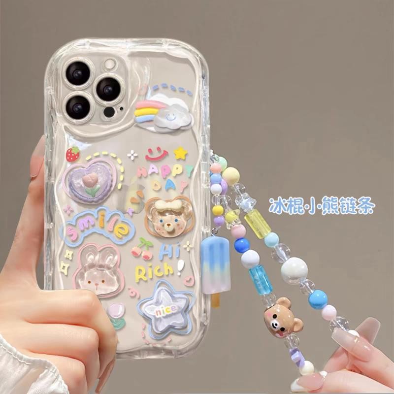 Yเคส3D มีโซ่คล้องข้อมือรูปหมีน่ารักสำหรับ OPPO A98 A79 A78 5G A38 A58 A1K Reno 7 4G 8 11 Pro 8T Reno