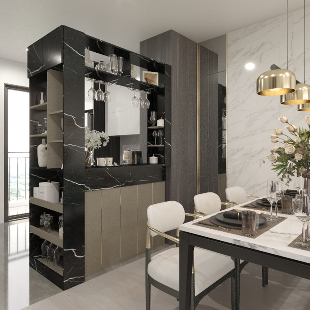 SB Design Square เคาน์เตอร์บาร์ ขนาด 140 ซม. รุ่น Lana สีดำลายหิน (ชั้นวางฝั่งซ้าย) (140x70x220 ซม) แบรนด์ KUCHE