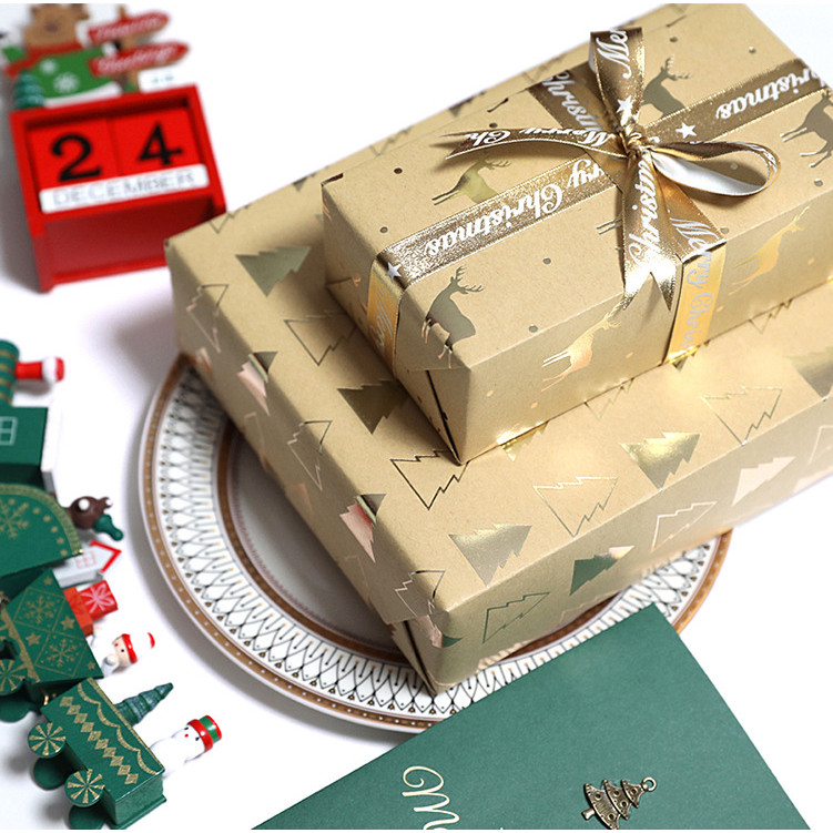 50*70 ซม. กระดาษห่อคริสต์มาสแสตมป์ทอง Reindeer Snowflake Tree พิมพ์กระดาษคราฟท์ของขวัญกล่องบรรจุ