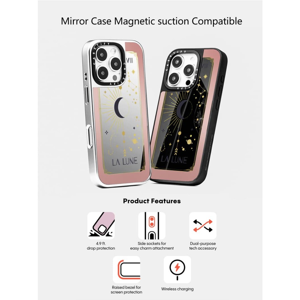 Casetify X La Lune แม่เหล็กดูด Black & Sliver กระจก IPhone กรณี IPhone 16 15 14 13 12 Pro Max Plus ฮาร์ดกลับกรณีพร้อมกล่องแกะสลักโลโก้