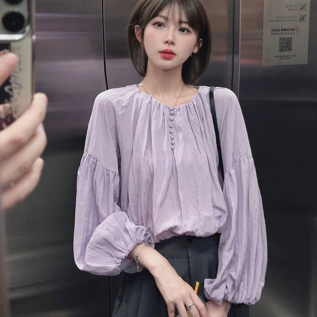 ข เสื้อเบลาส์แขนพองสีม่วงของผู้หญิงฝรั่งเศสคอกลมแขนยาวสไตล์เอวหลวม