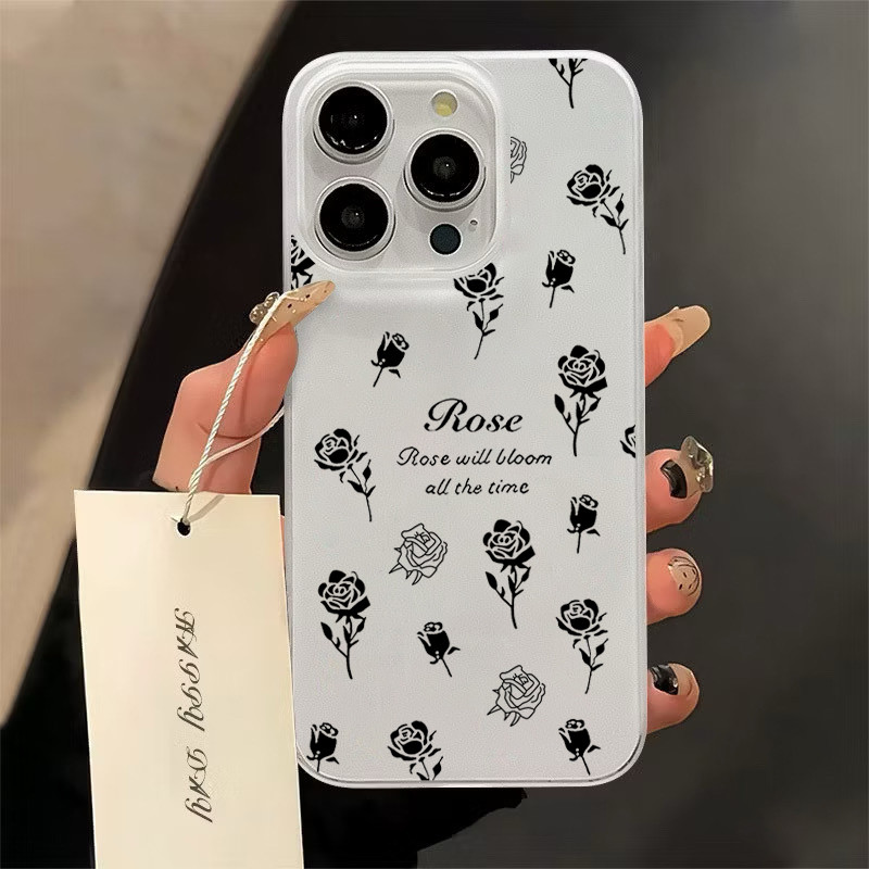 TPU ปุ่มชุบไฟฟ้า เคสไอโฟน นิ่มกันกระแทก เคสโทรศัพท์ iPhone 11 12 13 14 15 Pro Max XR XS X 7 8Pสีดำและสีขาวกุหลาบ