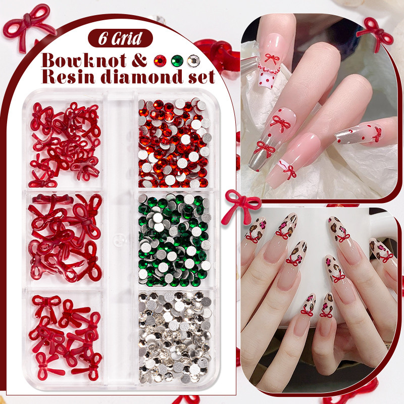 ตกแต่งเล็บสติ๊กเกอร์ติดเล็บ Red Bowknot Rhinestone ผสม 6 กริด