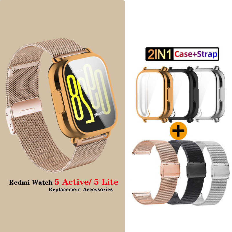 2in1 เคส + สายรัดสแตนเลสฝาครอบ TPU แบบนุ่มสําหรับ Redmi Watch 5 Active / Redmi Watch 5 Lite