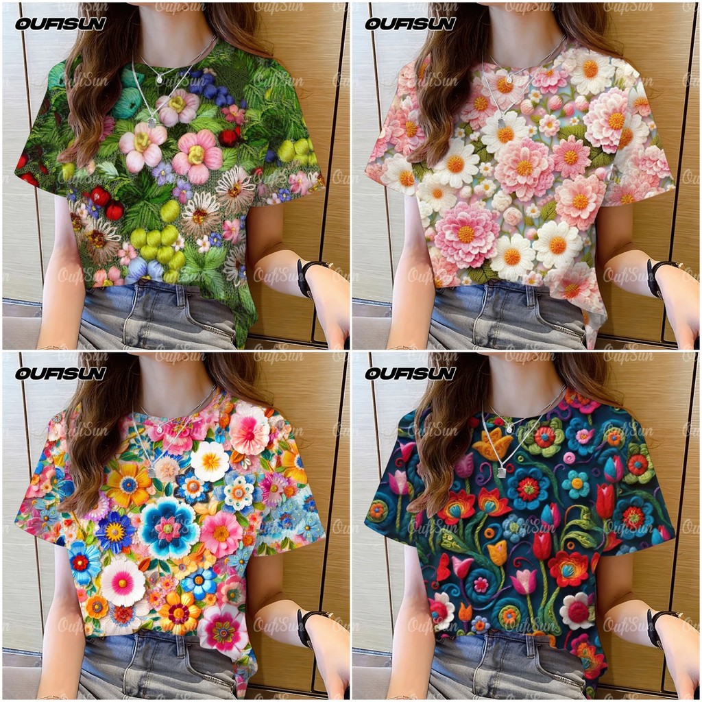 เสื้อยืดผู้หญิงลายดอกไม้หลวมแขนสั้น 2025 เสื้อยืดผู้หญิงลายดอกไม้ ตรุษจีน